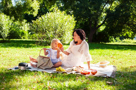 young pretty pregnant brunette woman having fun with her daughter on picnic on green grass in park, lifestyle people conceptの写真素材