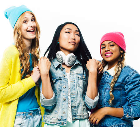 diverse nation girls group, teenage friends company cheerful having fun, happy smiling, cute posing isolated on white background, lifestyle people conceptの写真素材