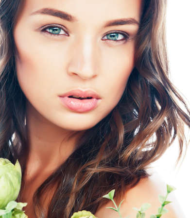 young sweet brunette woman close up isolated on white background, perfect pure innocense beautifulの写真素材