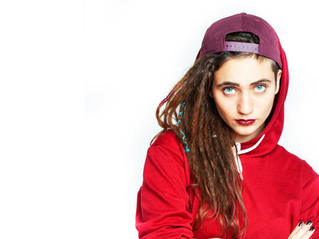 real caucasian woman with dreadlocks hairstyle funny cheerful faces on white backgroundの写真素材