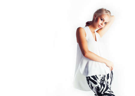 young pretty woman with blond hair on white background, sensual makeup, fashion sexy look, lifestyle people conceptの写真素材