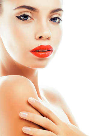 young pretty brunette real woman close up isolated on white background. Fancy fashion makeup, natural look spaの写真素材