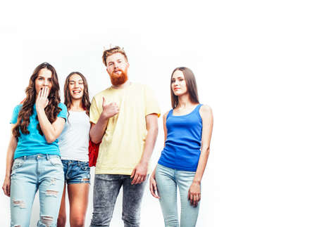 company of hipster guys, bearded red hair boy and girls students having fun together friends, diverse fashion style, lifestyle people concept isolated on white backgroundの写真素材