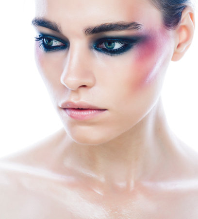 young pretty caucasian girl with fashion style makeup bright colの写真素材