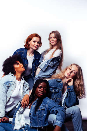 diverse multi nation girls group, teenage friends company cheerful having fun, happy smiling, cute posing isolated on white background, lifestyle people concept, african-american and caucasianの写真素材