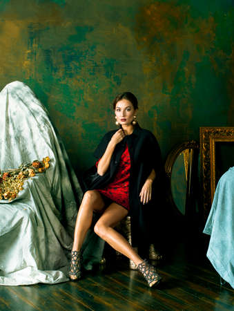 beauty rich brunette woman in luxury interior near empty frames, wearing fashion clothes, lifestyle people conceptの写真素材