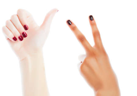 woman hands together manicured african tan and caucasian white isolated gesturing, lifestyle diverse peopleの写真素材