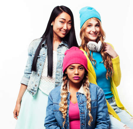 diverse nation girls group, teenage friends company cheerful having fun, happy smiling, cute posing isolated on white background, lifestyle people conceptの写真素材