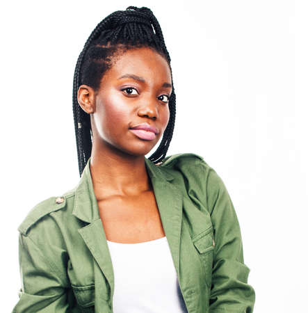 young pretty african-american girl posing cheerful emotional on white background isolated, lifestyle people conceptの写真素材