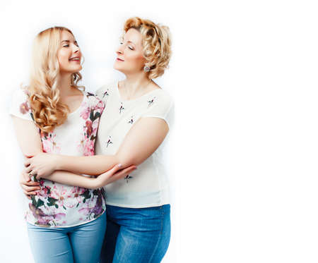 mother with daughter together posing happy smiling isolated on white background with copyspace, lifestyle people conceptの写真素材