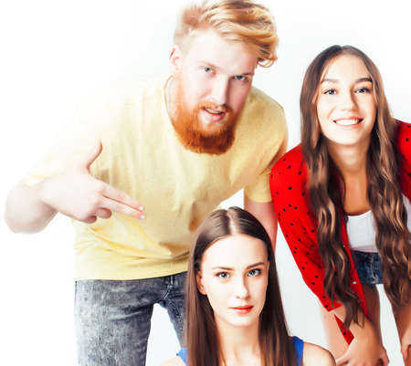 company of hipster guys, bearded red hair boy and girls students having fun together friends, diverse fashion style, lifestyle people concept isolated on white backgroundの写真素材