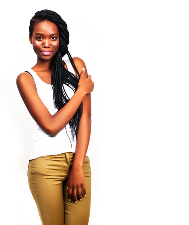 young pretty african-american girl posing cheerful emotional on white background isolated, lifestyle people conceptの写真素材