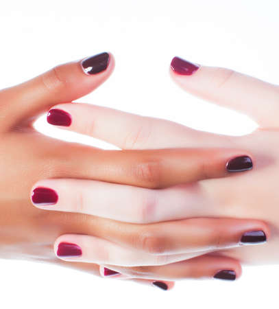 woman hands together manicured african tan and caucasian white isolated gesturing, lifestyle diverse peopleの写真素材