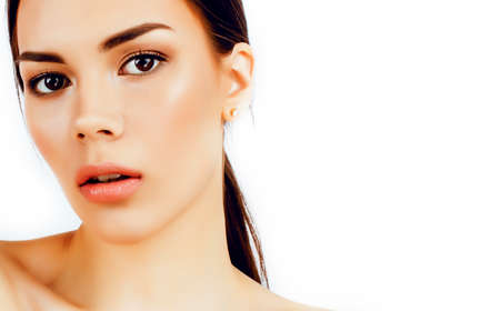 young fresh brunette tan girl with beauty hairstyle isolated on white closeup, soft spa faceの写真素材