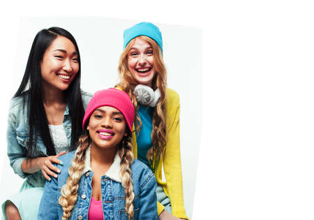 diverse nation girls group, teenage friends company cheerful having fun, happy smiling, cute posing isolated on white background, lifestyle people conceptの写真素材
