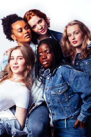 diverse multi nation girls group, teenage friends company cheerful having fun, happy smiling, cute posing isolated on white background, lifestyle people concept, african-american and caucasianの写真素材