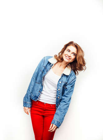 young pretty stylish hipster girl posing emotional isolated on white background happy smiling cool smile, lifestyle people conceptの写真素材