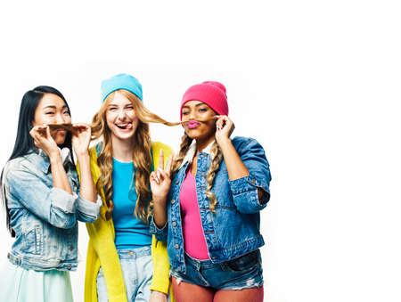 diverse nation girls group, teenage friends company cheerful having fun, happy smiling, cute posing isolated on white background, lifestyle people conceptの写真素材