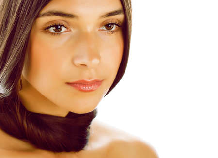 young fresh brunette tan girl with beauty hairstyle isolated on white closeup, soft spa faceの写真素材