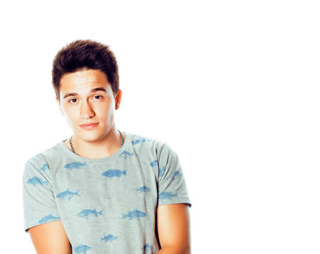 young attractive man isolated thinking emotional on white closeup gesturing smiling, lifestyle people conceptの写真素材