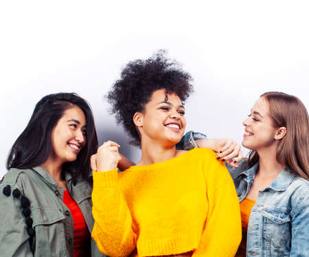 diverse nation girls group, teenage friends company cheerful having fun, happy smiling, cute posing isolated on white background, lifestyle people conceptの写真素材