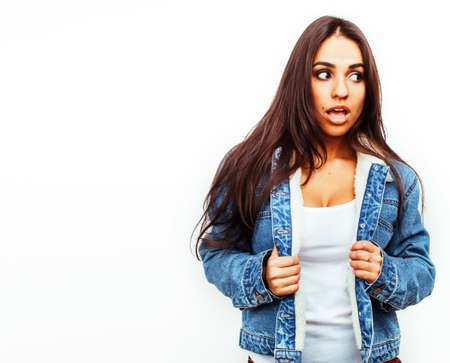 young happy smiling latin american teenage girl emotional posing isolated on white background, lifestyle people conceptの写真素材