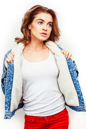 young pretty stylish hipster girl posing emotional isolated on white background happy smiling cool smile, lifestyle people conceptの写真素材