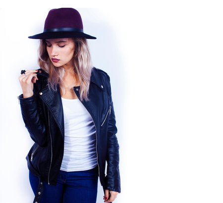 young pretty blond girl hipster in hat posing smiling happy isolated on white background, lifestyle people conceptの写真素材