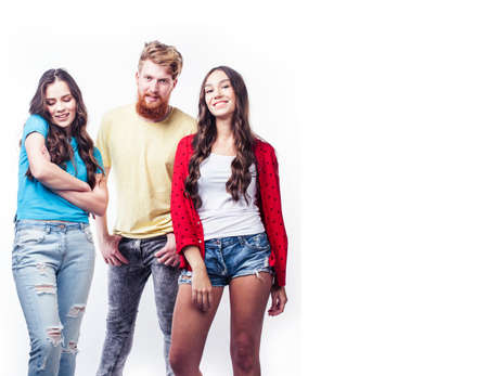 company of hipster guys, bearded red hair boy and girls students having fun together friends, diverse fashion style, lifestyle people concept isolated on white backgroundの写真素材