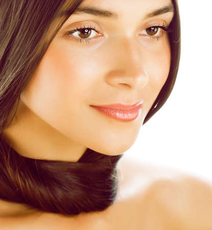 young fresh brunette tan girl with beauty hairstyle isolated on white closeup, soft spa faceの写真素材