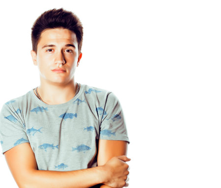 young attractive man isolated thinking emotional on white closeup gesturing smiling, lifestyle people conceptの写真素材