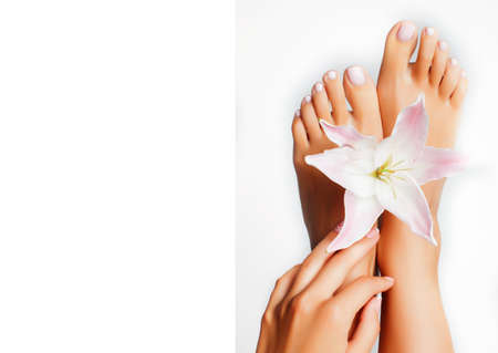 manicure pedicure with flower lily closeup isolated on white perfect shape hands spa salonの写真素材