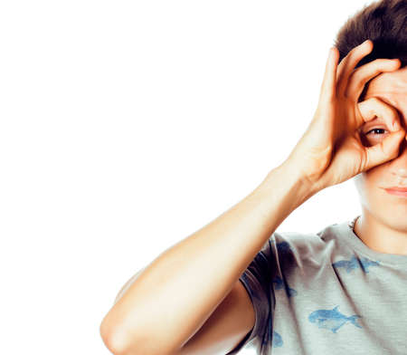 young attractive man isolated thinking emotional on white closeup gesturing smiling, lifestyle...