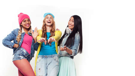 diverse nation girls group, teenage friends company cheerful having fun, happy smiling, cute posing isolated on white background, lifestyle people conceptの写真素材
