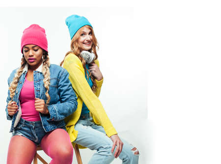 diverse nation girls group, teenage friends company cheerful having fun, happy smiling, cute posing...