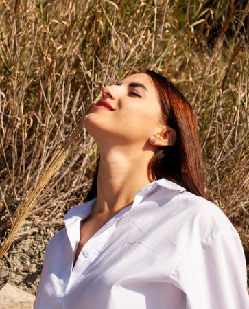 young brunette girl having fun, lifestyle people conceptの写真素材