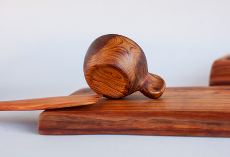 Wooden kitchen utensils stacked viewの写真素材