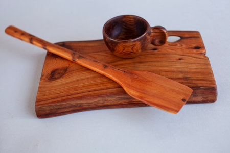 Wooden kitchen utensils stacked viewの写真素材