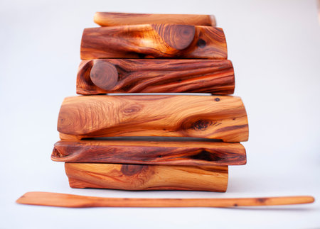 Wooden kitchen utensils stacked viewの写真素材