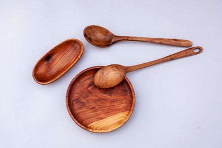 Wooden kitchen utensils stacked view close upの写真素材