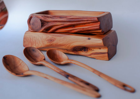 Wooden kitchen utensils stacked view close upの写真素材