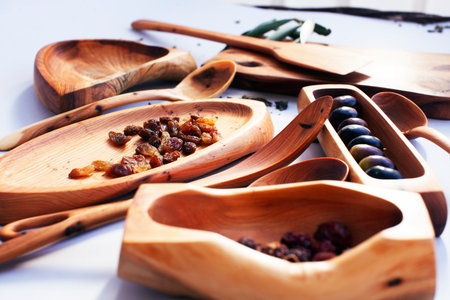 wooden kitchen ware on white background isolatedの写真素材
