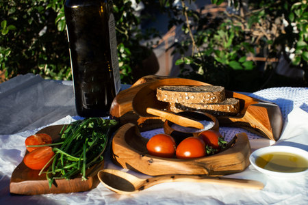 colorful rustic style lunch background with wooden plates and food