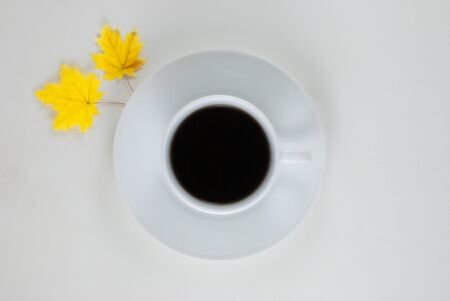 Coffee mug with autumn fall leaves on white backgroundの写真素材