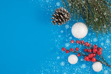 Merry Christmas and Happy Holidays greeting card, frame, banner, holiday decoration top view. Winter...