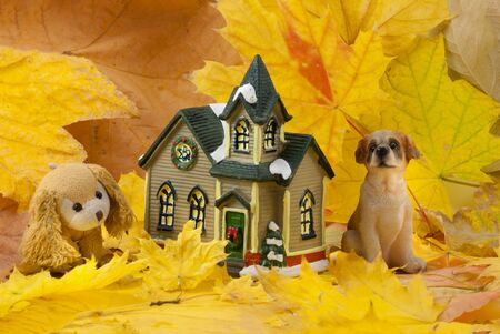 Beautiful creative autumn composition. cute toy dogs. dried bright autumn leaves, small toy house. Close upの写真素材