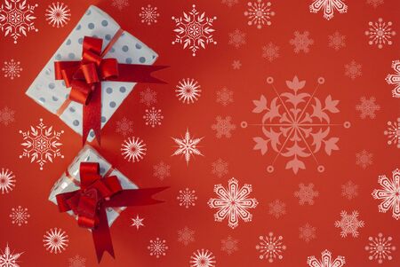 Christmas background with beautiful gift or present box and decorative snowballs, holiday. Top viewの写真素材