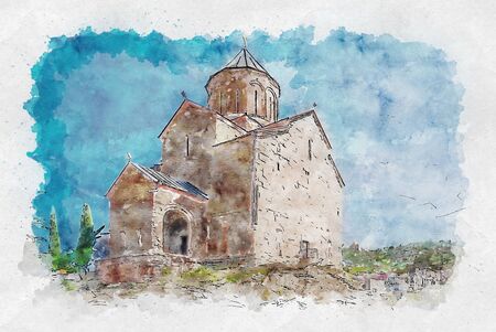 Watercolor sketch or illustration of the Metechi Church in old Tbilisi. Georgiaの写真素材