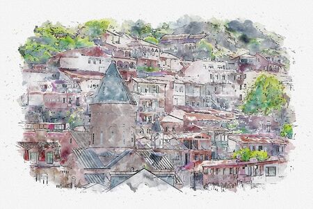 Watercolor sketch or illustration of the traditional European urban architecture in Tbilisi. Capital...