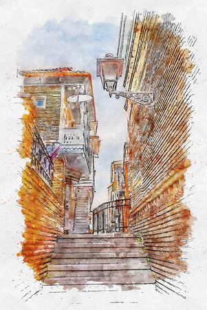 Watercolor sketch or illustration of the traditional European urban architecture in Tbilisi. Capital of Georgiaの写真素材